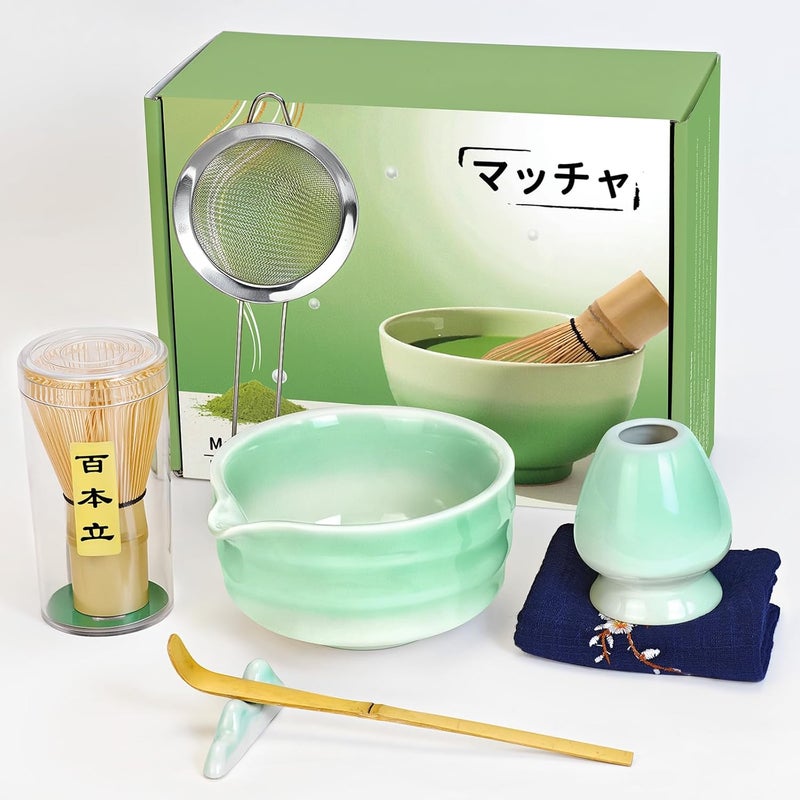 Evoio Matcha Whisk Set, 7 Pcs Ceramic Matcha Whisk Kit, Bowl with Spout, Holder, Stainless Sifter, Bamboo Scoop and Tea Towel, Gift Set for Tea Lovers - Image 1